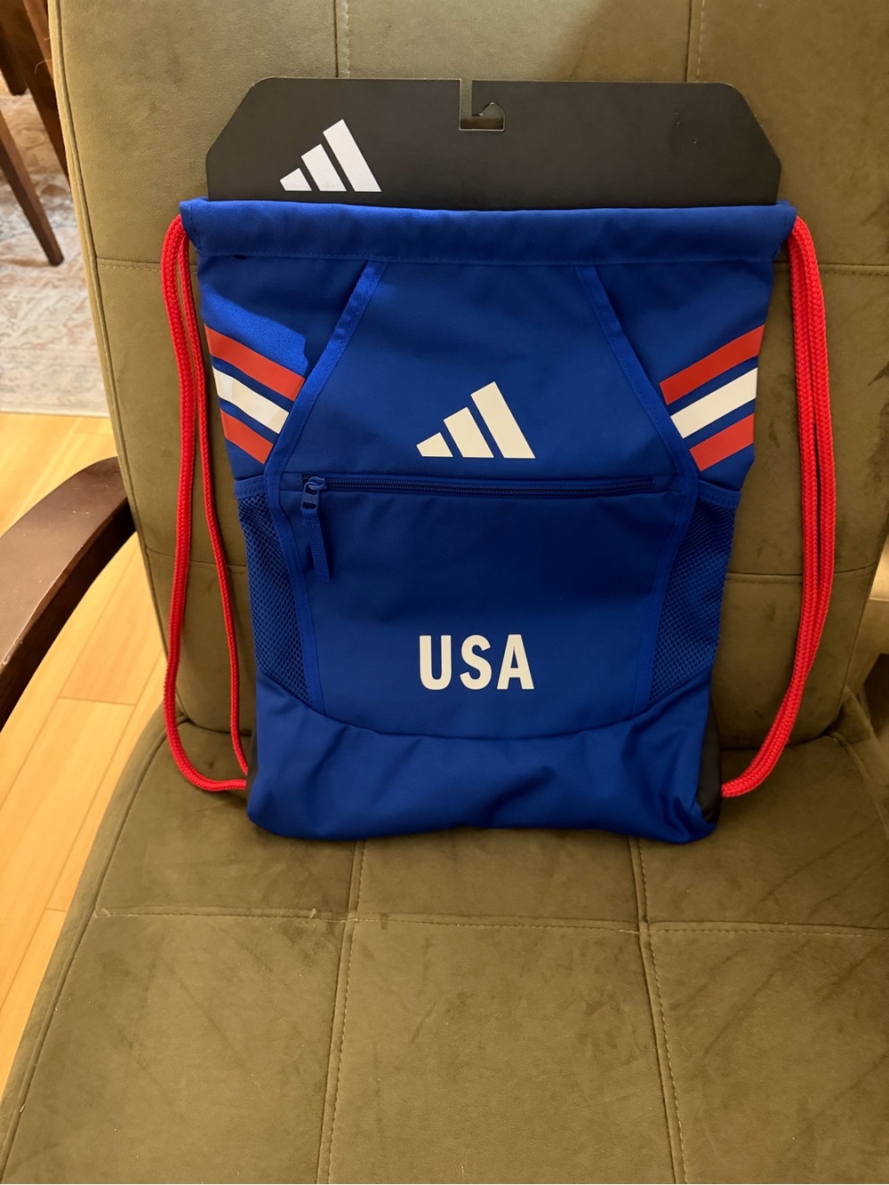 adidas Blue Drawstring Backpack with Red Accents and USA Logo